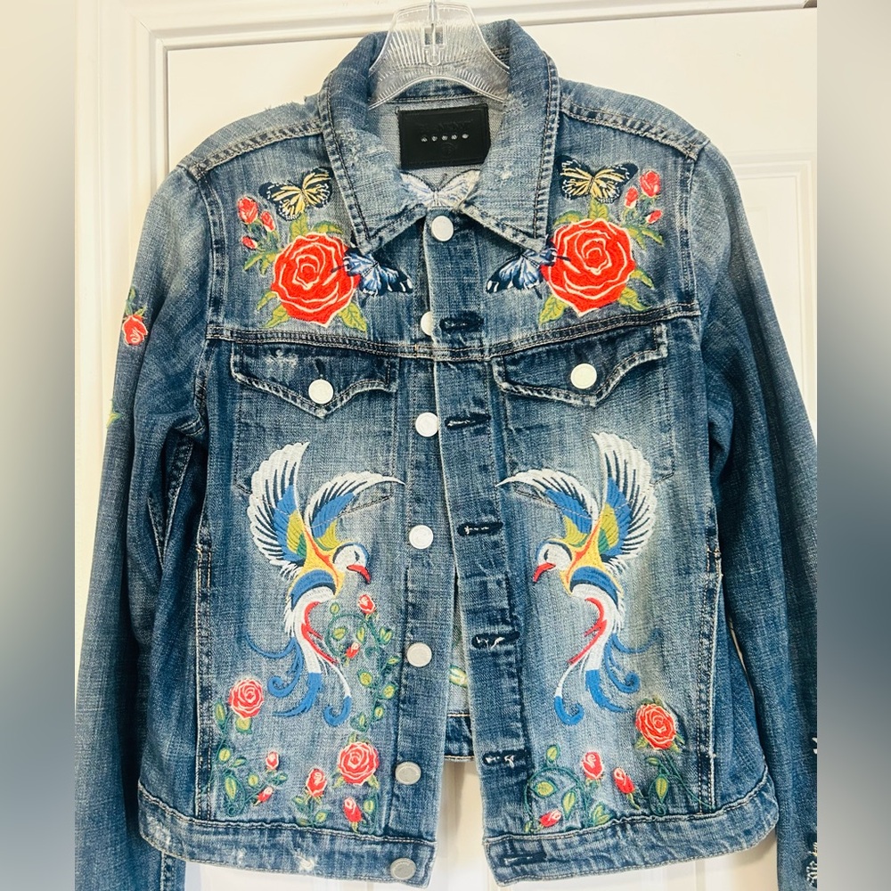 Vintage Blank NYC Blue Denim Jacket with Colorful Embroidery
